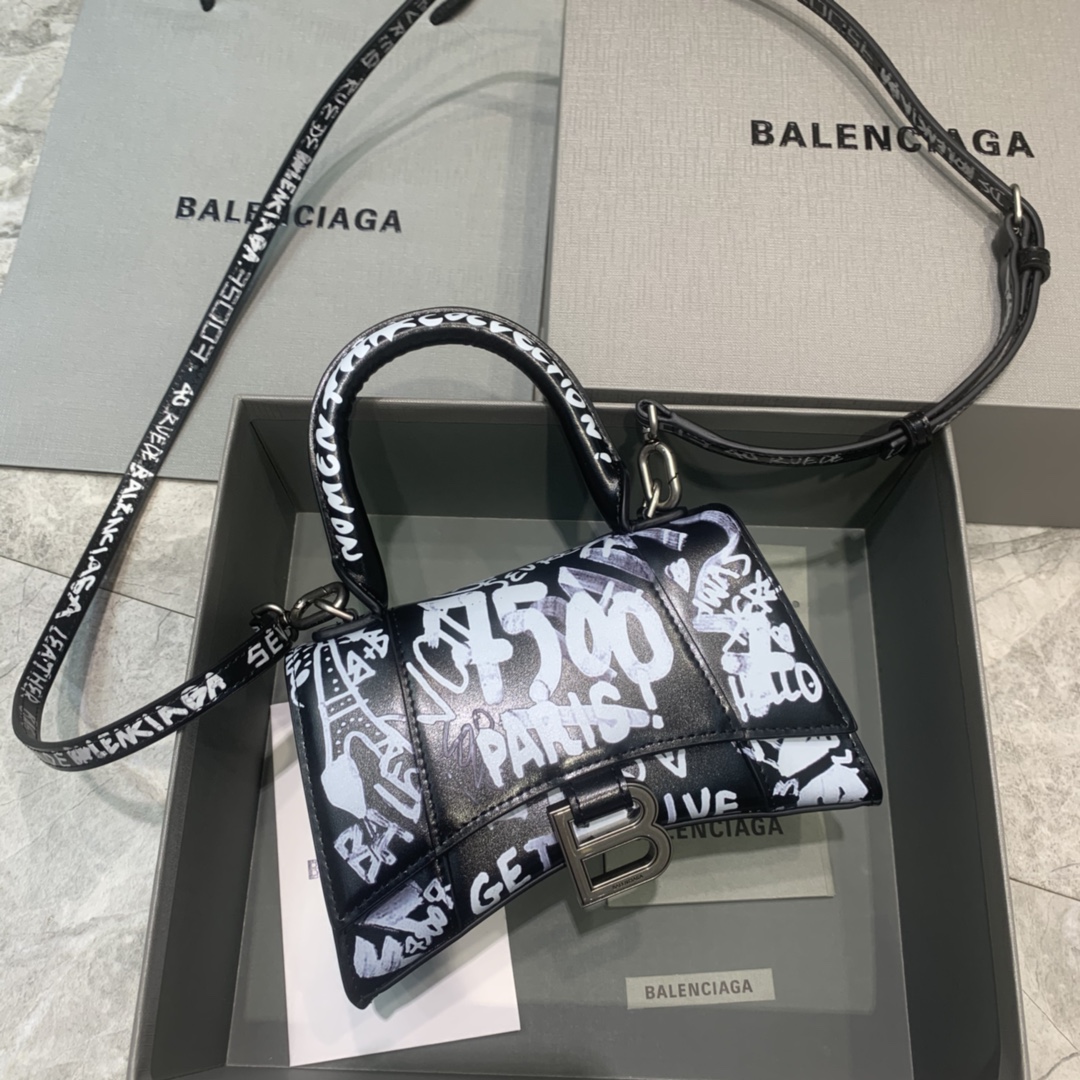 Balenciaga Hourglass XS Handbag Graffiti Shoulder Bag Black